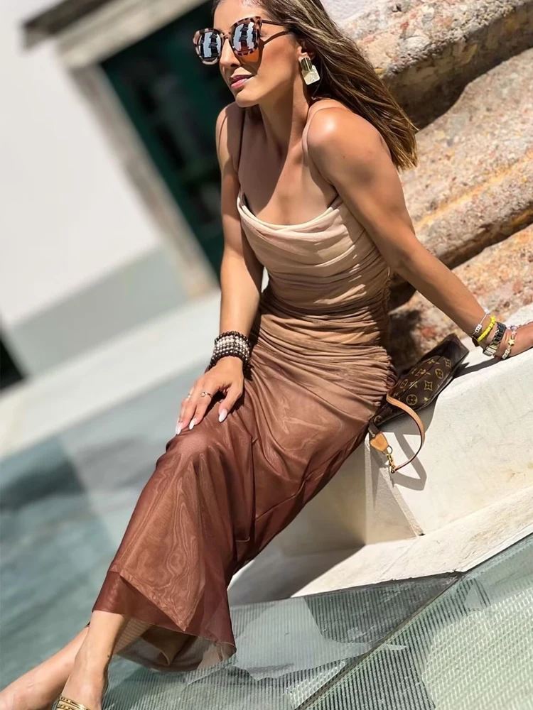 MUJER Womens Mesh Wrap Dress Tulle pleated Print dresses for Women 2025 Midi Casual Summer Female bodycon Slip Corset Dress