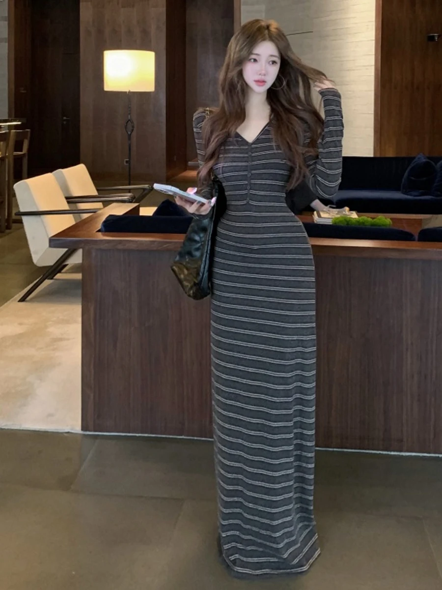 

Сексуальная полосатая длинная базовая юбка с v-образным вырезом Dr, женская повседневная облегающая длинная юбка Dr, повседневная длинная юбка для отдыха Pure Desire Faion