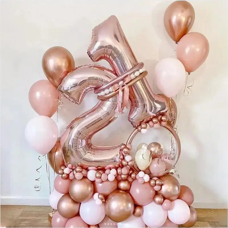 32Pcs Adult Birthday Decor Metallic Latex Balloons Rose Gold Number Foil Globos 18 21 30 40 50 60 Year Birthday Party Supplies