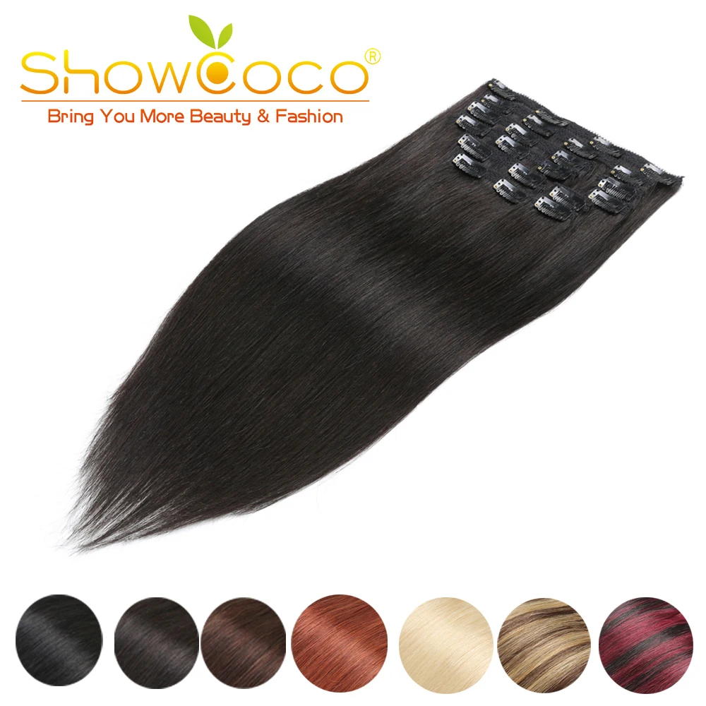 ShowCoco Hair Clip In Hair Extensions Human Silky Straight 100% Remy Natural 7 pieces Set Black Blonde Clip In Hair