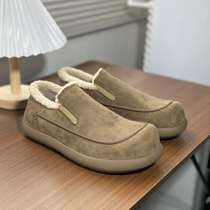 Men's Khaki Suede Fleece Lined Slip on Shoes Warm Sherpa Clogs Moccasins Thick Sole Comfortable Indoor Outdoor Winter Slippers