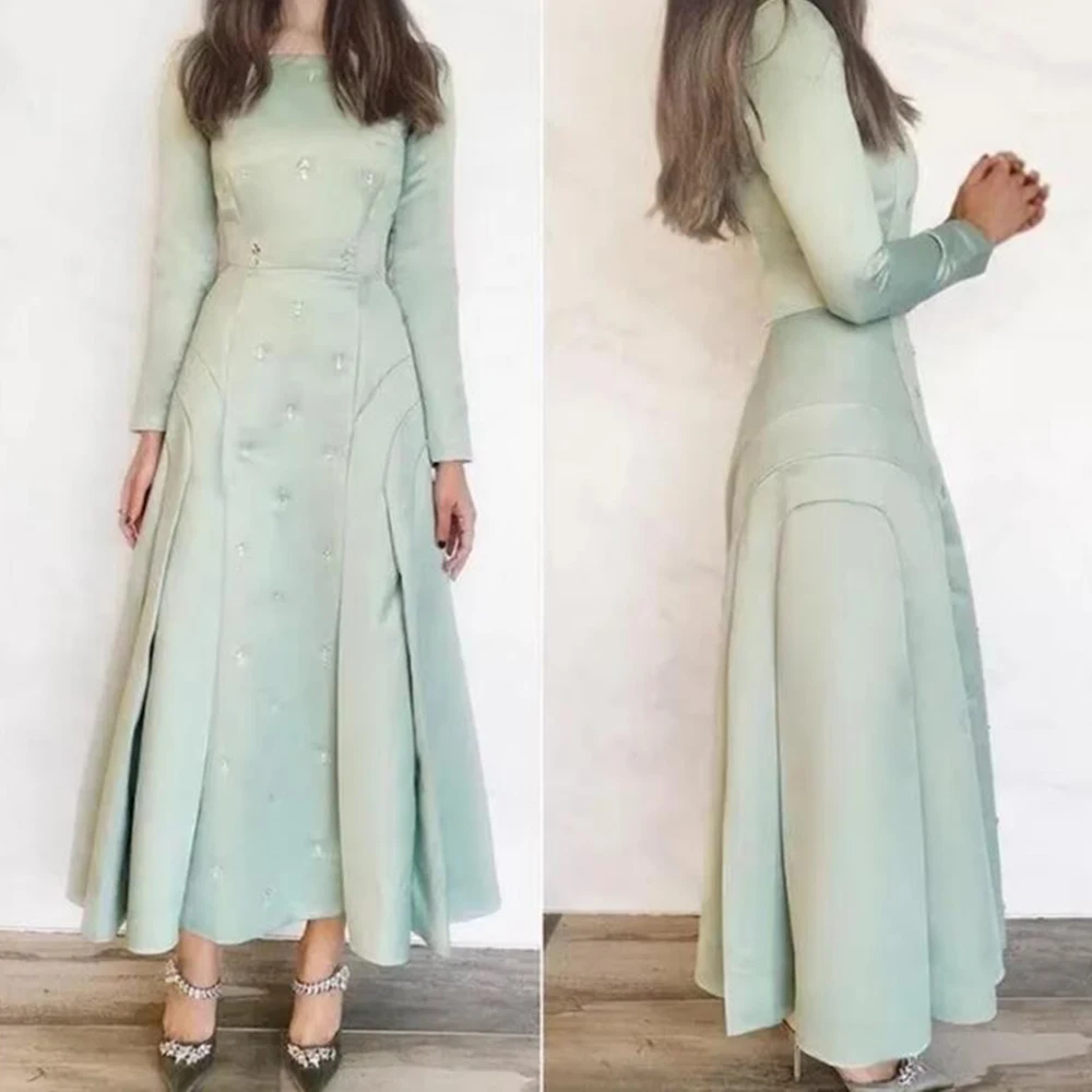 Classy Green Mother of the Bride Dresses Ankle Length A-line Long Sleeves Crystals Elegant Smart Women Prom Banquet Gowns