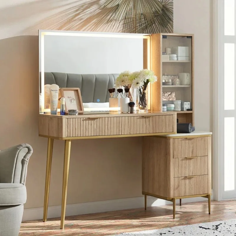 

Современный деревянный туалетный столик со светодиодной подсветкой и зеркалом и подсветкой, туалетный столик с ящиками для использования в спальне