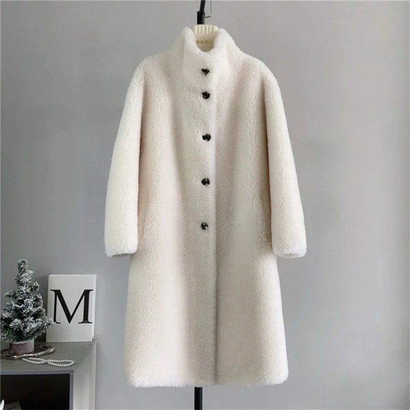 Black Pure wool Stand collar Long Solid Sheep shearing Fur Coat 2026 Autumn Winter New Women's Lamb fur fur Integrated Coats