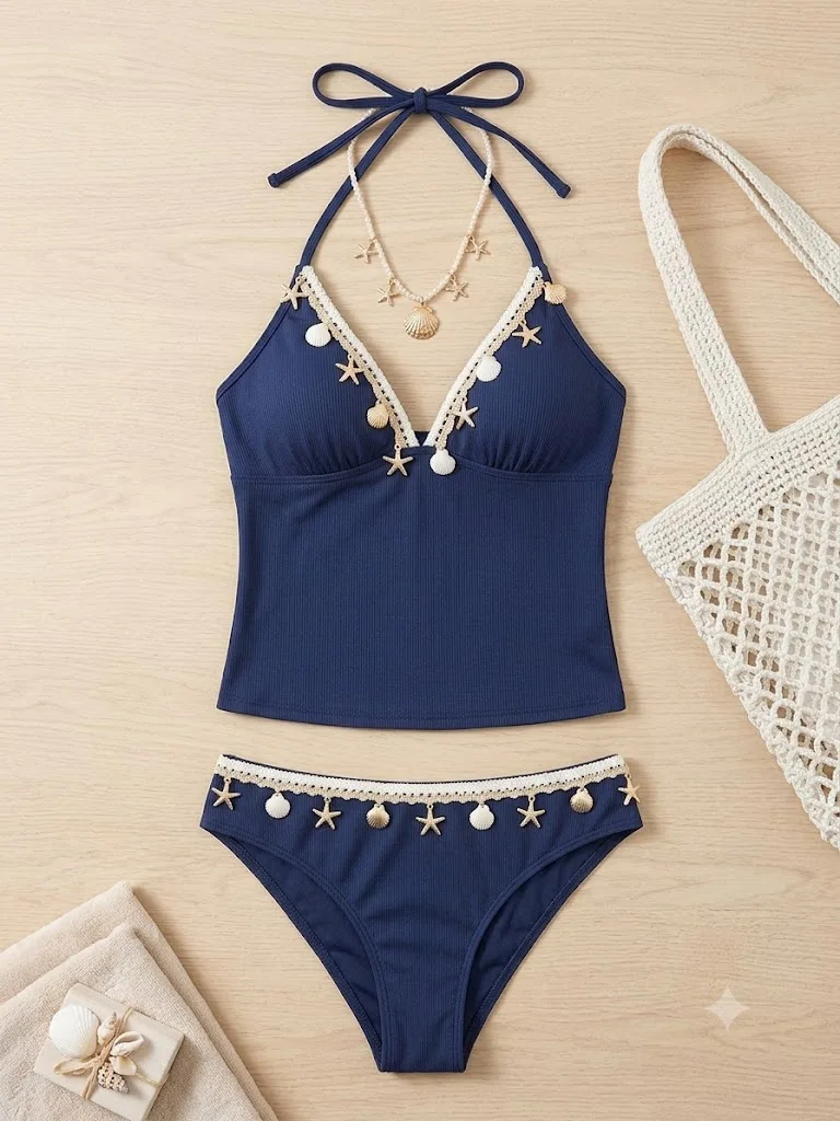 JEWELRY SEN Ladies Ribbed Tankini 2‑Piece Swimsuit Halter V‑Neck Shell Starfish Tassel Beach Bathing Suit Multi‑Color
