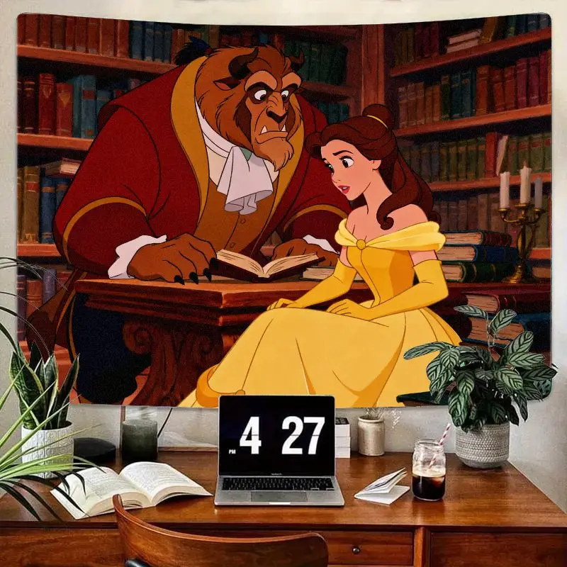 

1 шт. гобелен Disney Beauty & Beast, Belle & Beast Reading Library, настенное искусство, полиэстеровый декор комнаты, подарок для фанатов фантазий.