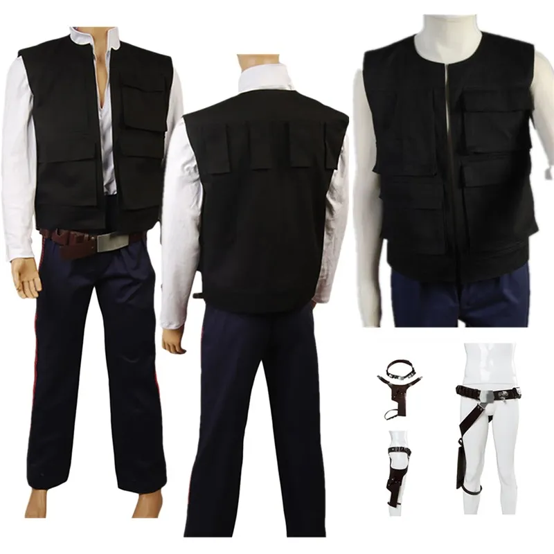 Han Solo Cosplay Costume para Homens Adultos, Uniforme Fantasia, Camisa, Colete, Calças, Cinto, Alça, Conjunto Coldre, Roupas Halloween, Fato de Festa Carnaval