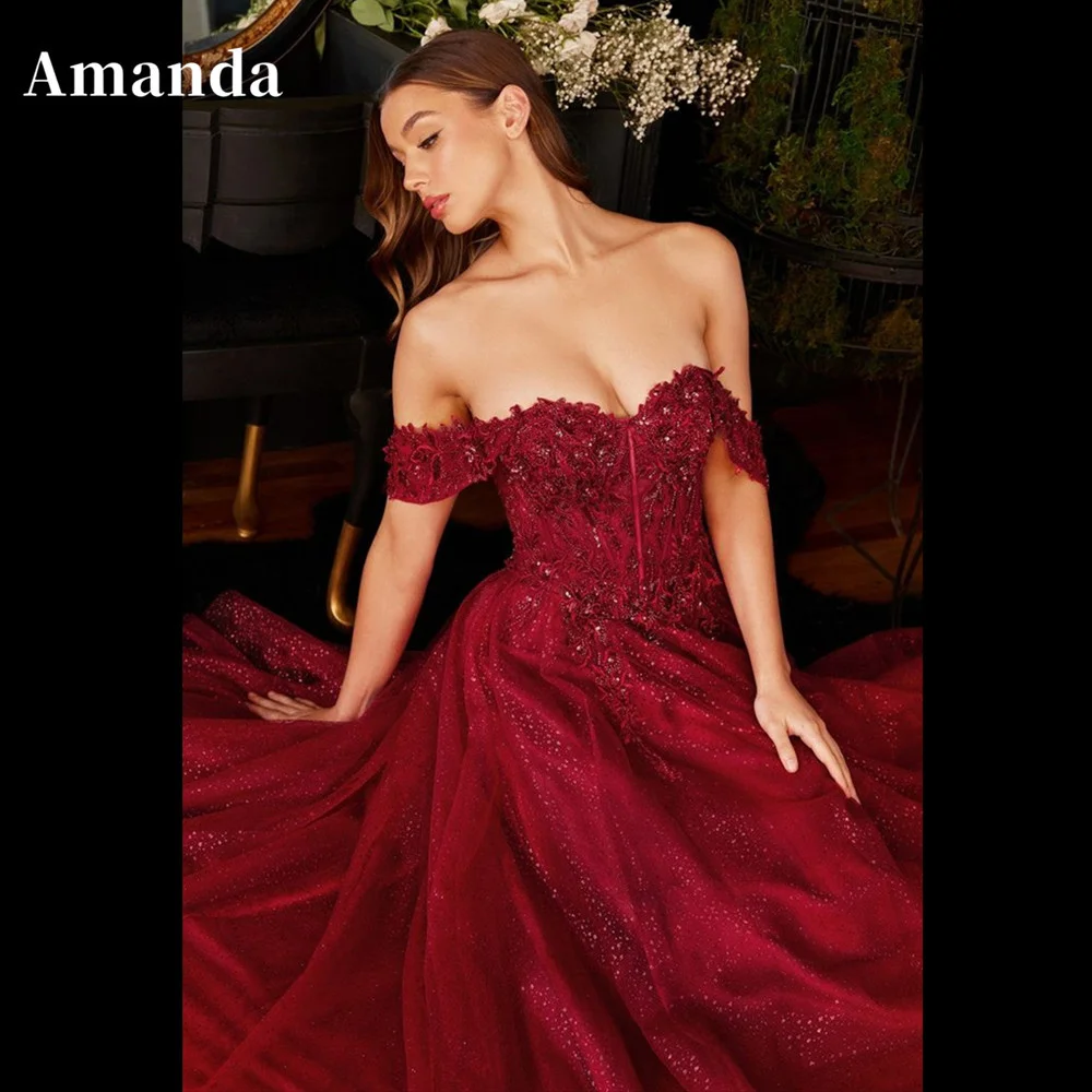 فستان Amanda Burgundy للحفلات الراقصة 2023 مثير بدون أكتاف فستان سهرة أميرة دانتيل مطرز مناسبة رسمية فساتين حفلات لامعة