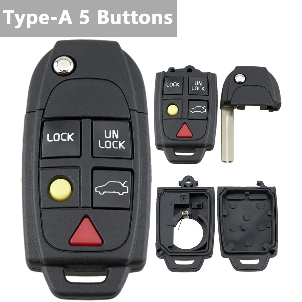 5 Buttons Flip Remote Key Case FOB Replacement Fit for VOLVO S80 1999-2006 / S60 2000-2009 /  V70 2000-2007 XC90 2002-2013