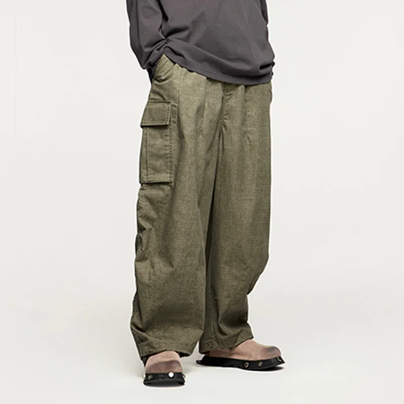 INFLATION Washed Faded Plaid Wide-Leg Cargo Pants for Men Loose American Washed Casual Pant Streetwear