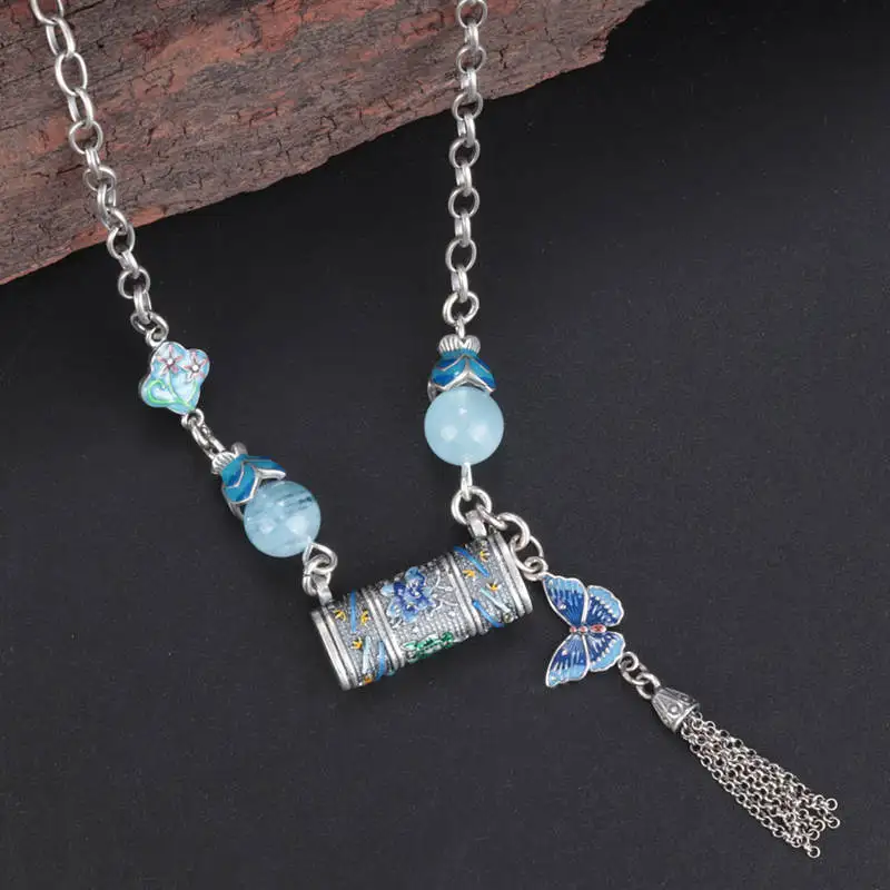 Chinese Style 925 Sterling Silver Enamel Lock Shape Butterfly Tassel Chain Original Design Women Retro Aquamarine Necklaces XL71