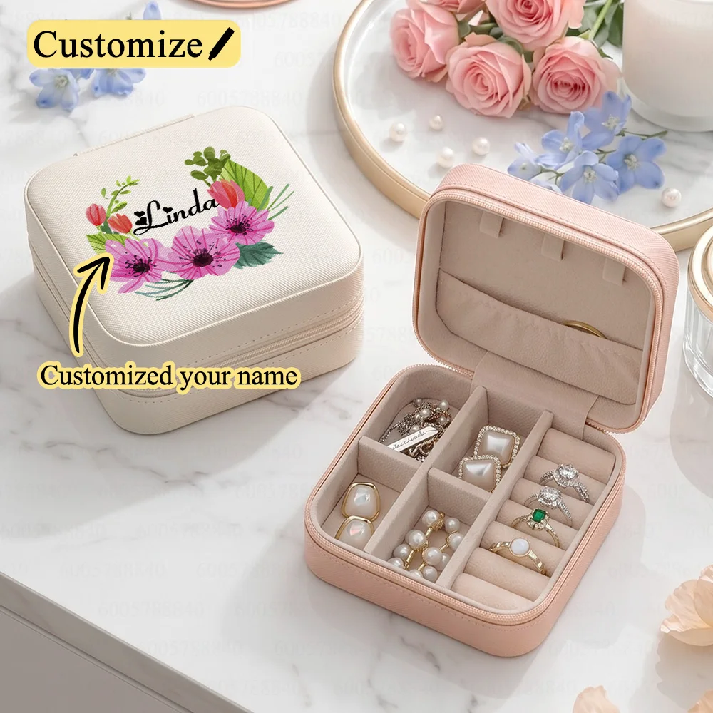 Personalized Name Wreath Jewellery Storage,Travel Jewelry Box For Women To Store Everyday Essentials.Custom Pink Jewellery Boxes