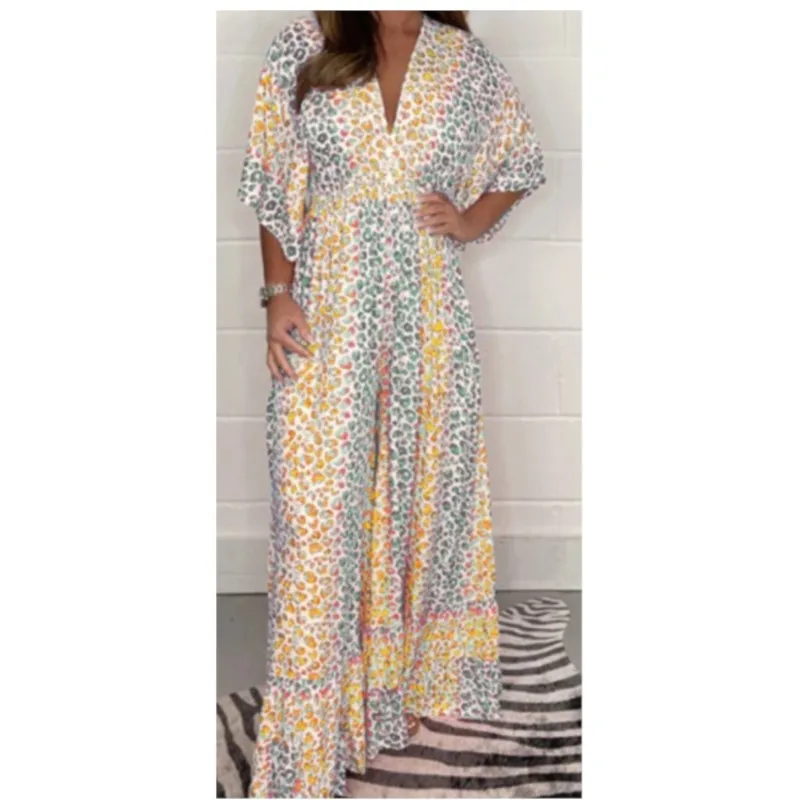夏のヒョウプリント女性ジャンプスーツ V ネック半袖ワイドレッグパンツスーツ女性のファッションカジュアルルーズセット服女性の衣装