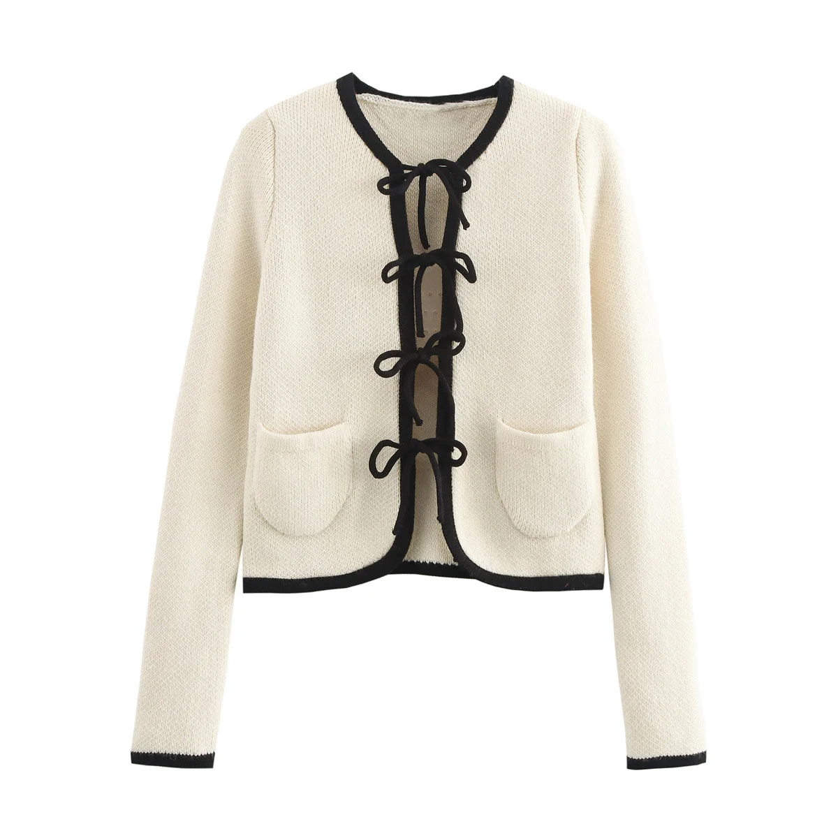 

2024 Crop Knit Cardigan For Women Women's Sweater Bow Lace-Up Outerwears Long Sleeve Cardigan O-Neck Off White Knitwear Cardigan