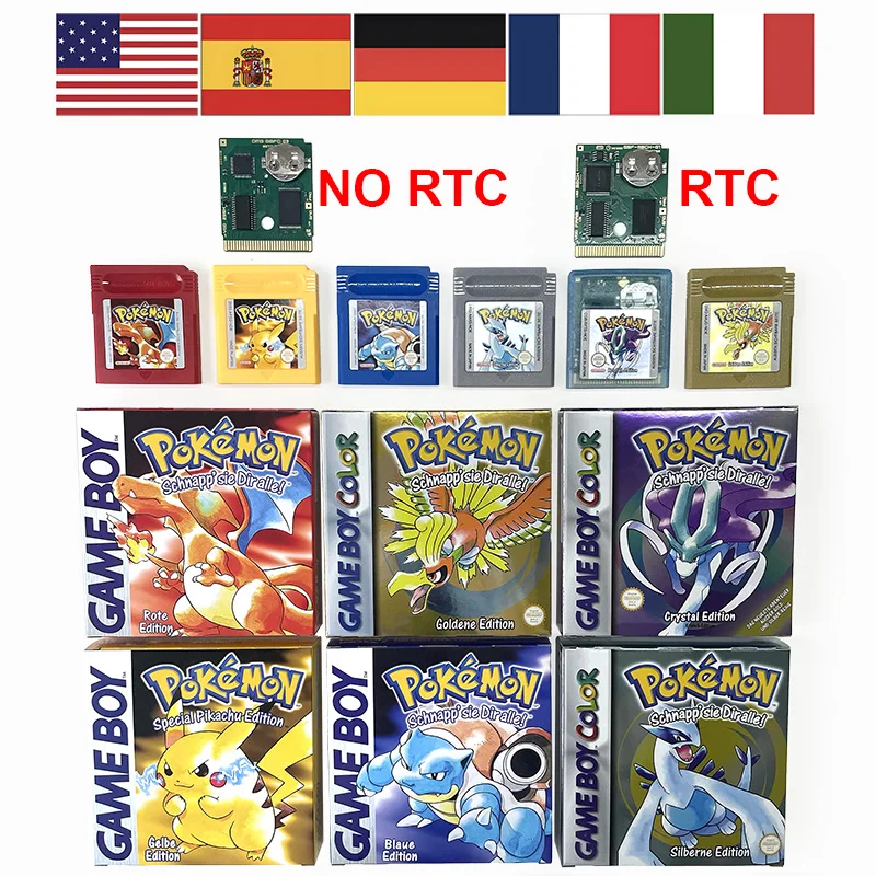 多言語対応rtcフラッシュポケモンシリーズ-シルバークリスタル-ゴールド-イエロー-レッド-ブルー-boxとgbc用ゲームカートリッジ