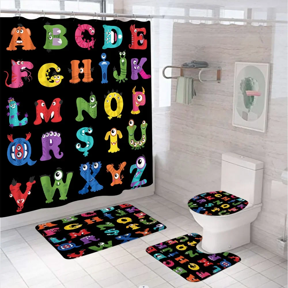 Alphabet Shower Curtain Set 4Pcs Cartoon Fun Graphic ABC Cloth Bathroom Curtains for Kids Non-Slip Bath Mat Rug Lid Toilet Cover