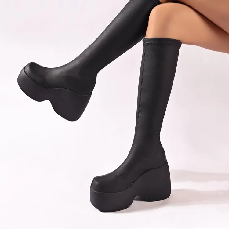 

Petite thick-soled knee-length boots, women's round-toed, caked-soled skinny boots, 2025 new high-heeled, high-top knight boots