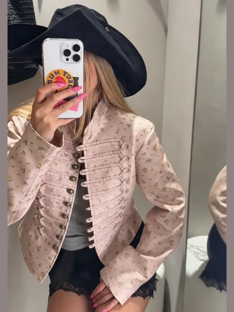 Women Ditsy Floral Print Vintage Cropped Jacket Stand Collar Military Frog Button Decor Napoleon Style Coat Ladies Outerwear