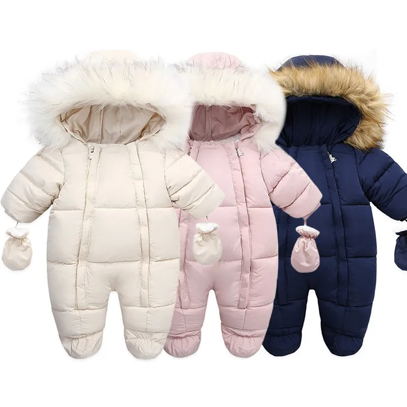 Winter Baby Jumpsuit With Glove Cute Newborn Coat Cotton Plus Velvet Baby Romper Warm Infant Clothing Set Hooded Toddler Clothes