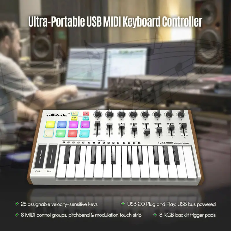 WORLDE TUNA MINI Ultra-Portable 25-Key USB MIDI Keyboard Controller 8 RGB Backlit Trigger Pads with 6.35mm Pedal Jack