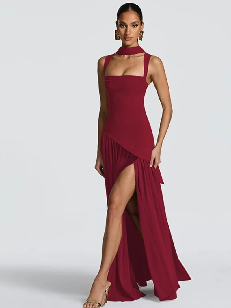 FDYOUI Chic Sleeveless Solid Cocktail Dress for Women Spaghetti Strap Bandage High Slit Long Gown Formal Occasion Prom Dresses