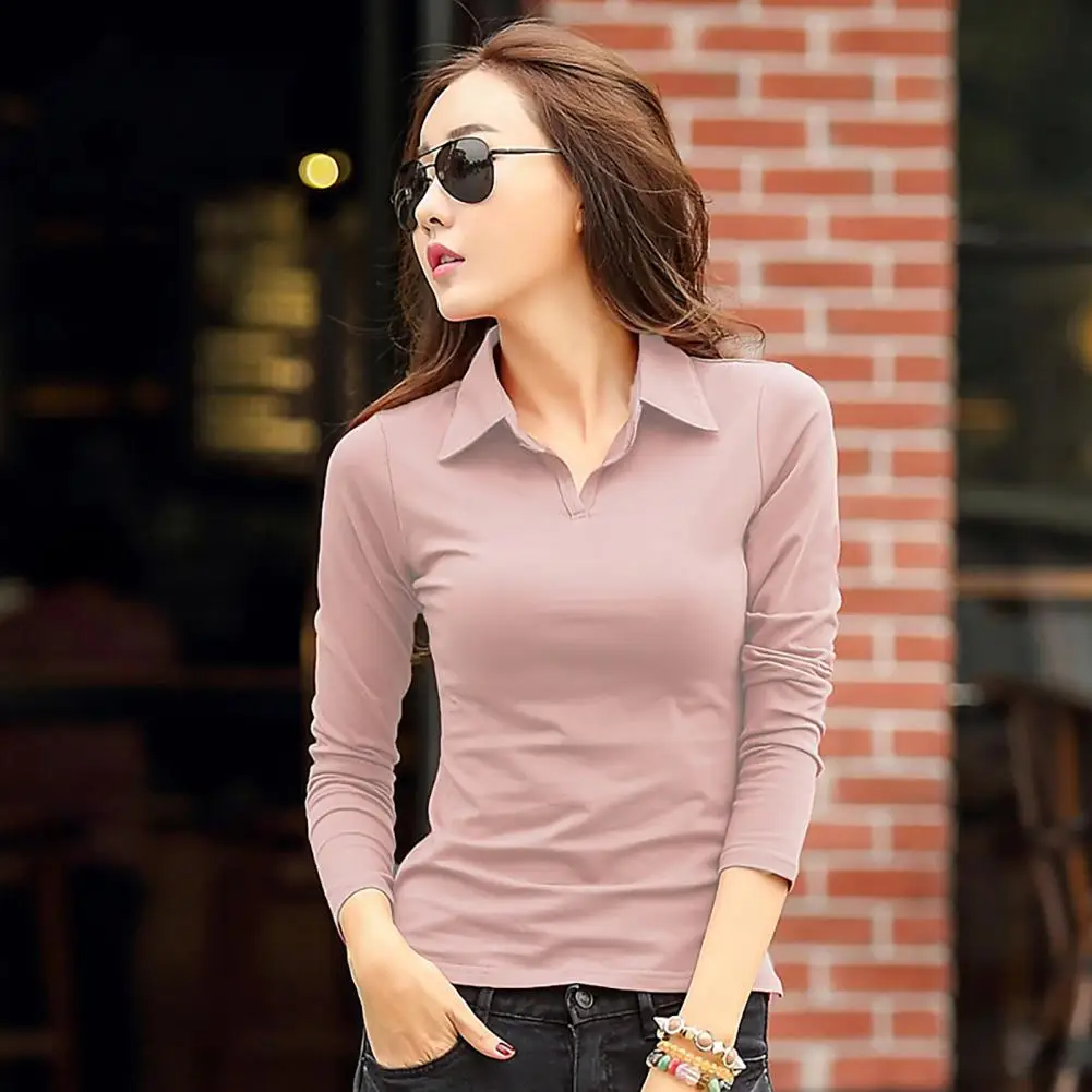 

Long Sleeve Shirt Women’s Lapel Long Sleeve Tops Slim Fit Pullover Shirts Soft Stretchy Blouses for Work Party Date Wear Pure