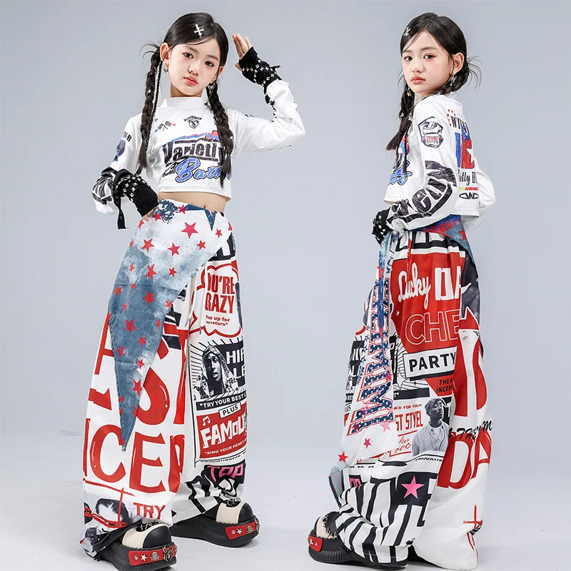 Kid Kpop Hip Hop Clothing White Print Long Sleeve Crop T Shirt Top Graffiti Dopamine Pants for Girl Street Dance Costume Clothes view 2