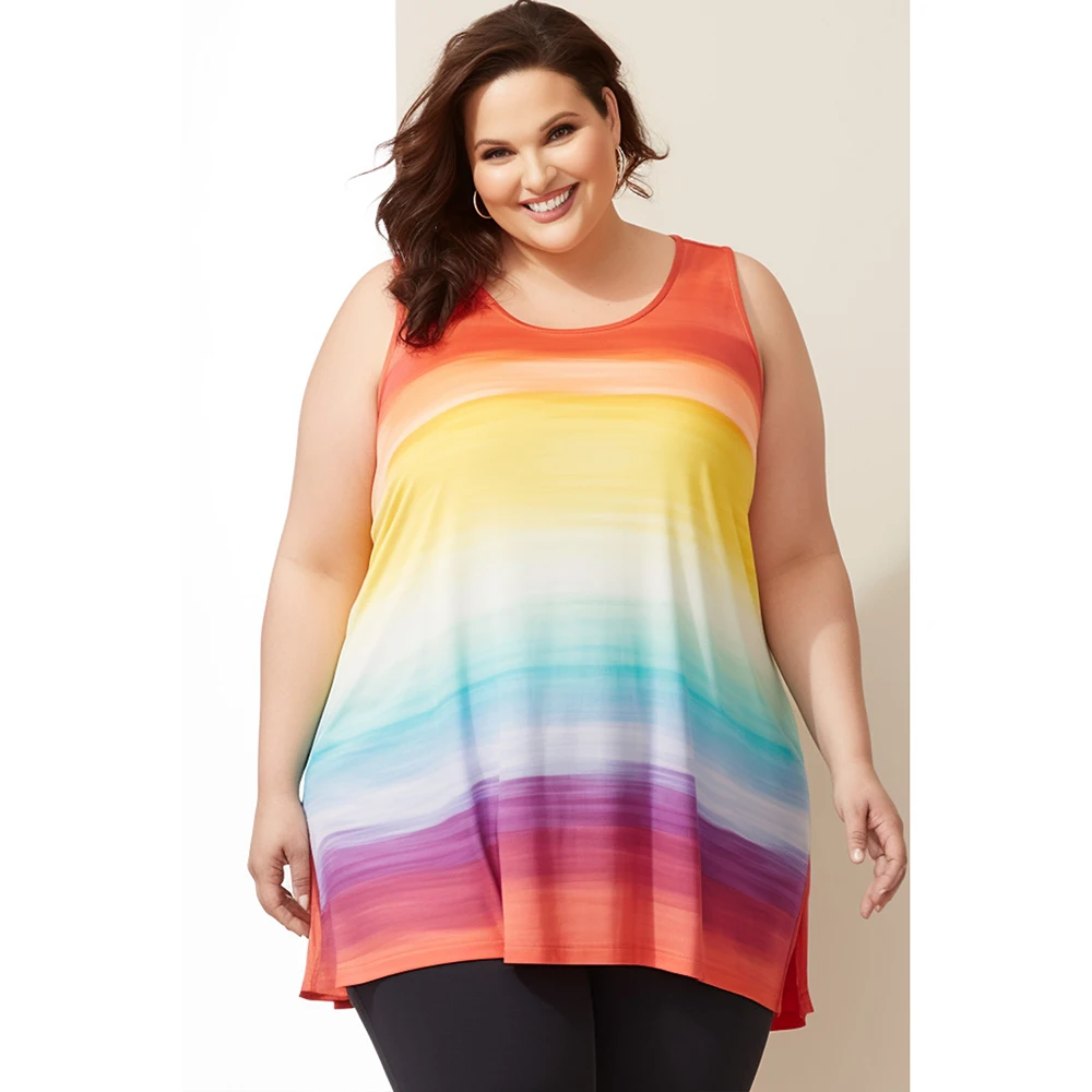 

Plus Size Everyday Multicolor Ombre Crew Neck Rainbow Summer Tank Top