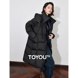 TOYOUTH Women Down Jacket 2024 Winter New Stand up Collar Hooded Medium Long Black Jacket Coat