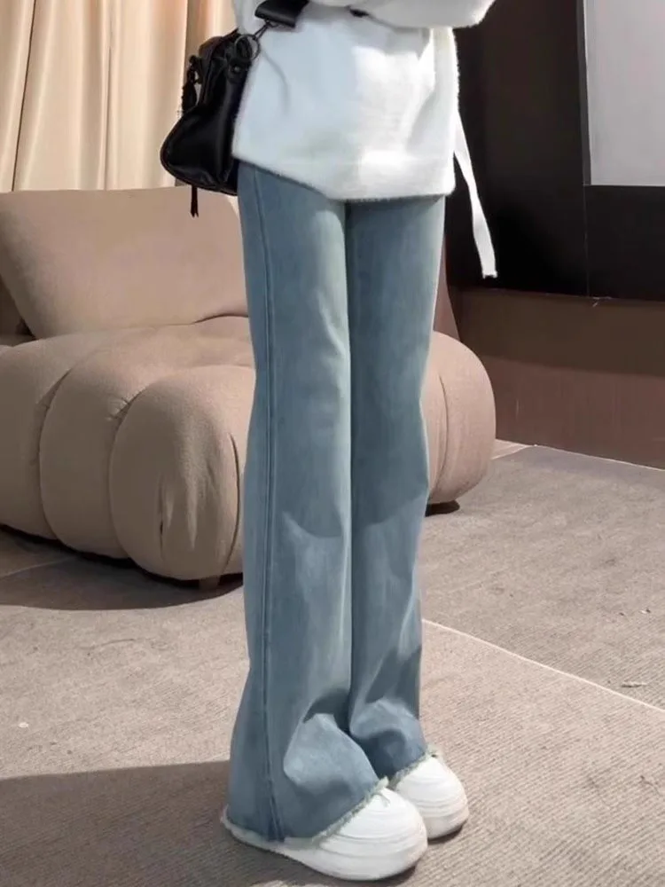 Light Blue Frayed Hem Flared Jeans Women's Elastic High Waist Bell Bot Pants Casual Sle Long Zipper Closure Denim Jeans