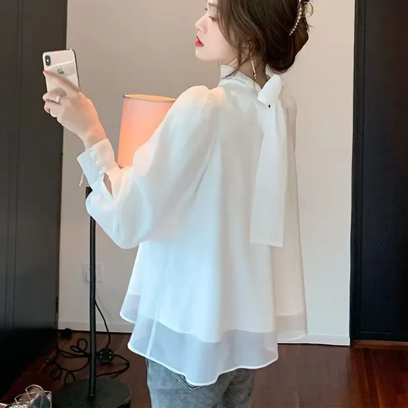 Mulheres arco francês chiffon camisa 2025 primavera outono puff manga gola chiffon blusas femme all-match blusa elegante camisa