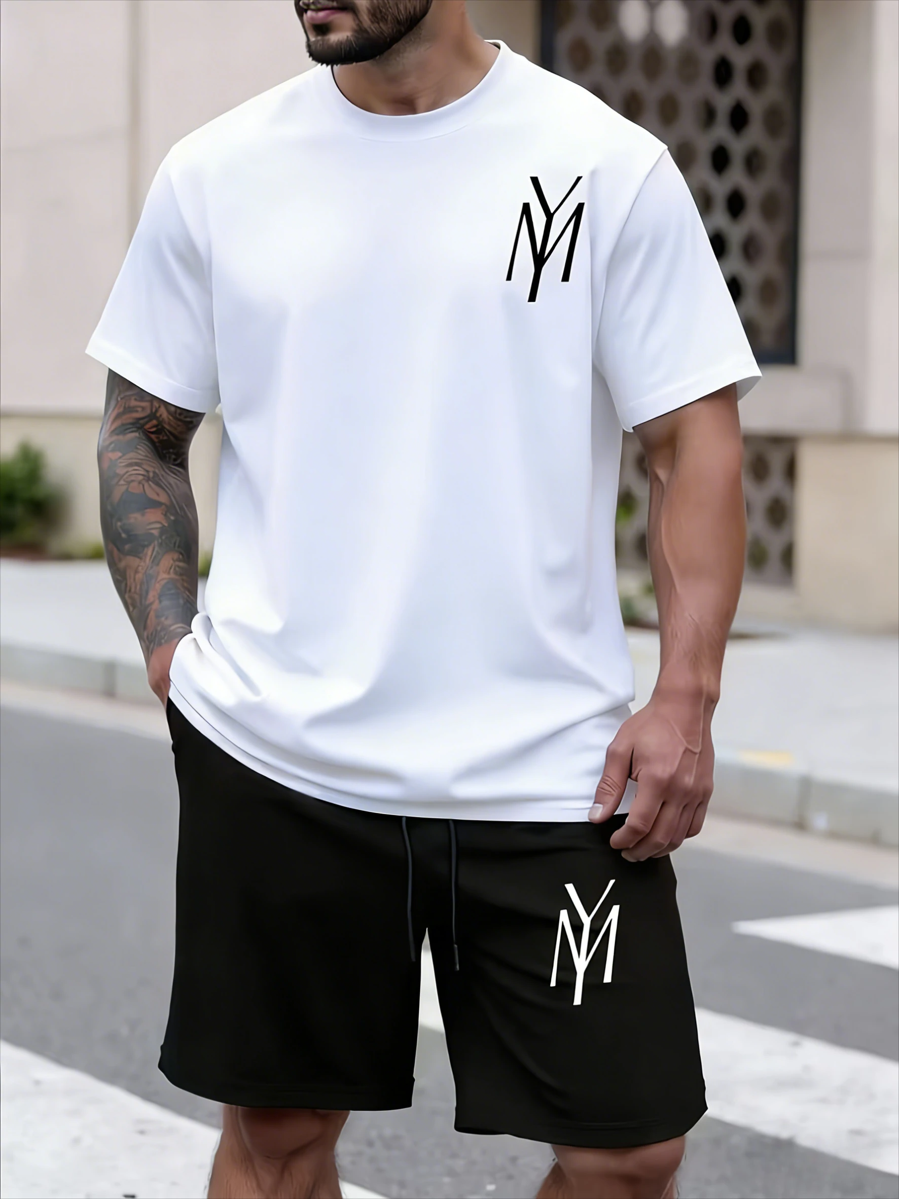 Men's Pattern Print Mesh Crew Neck T-Shirt & Jogger Shorts 2 Piece Set, Outdoor Casual Sports Short Sleeve Tracksuit