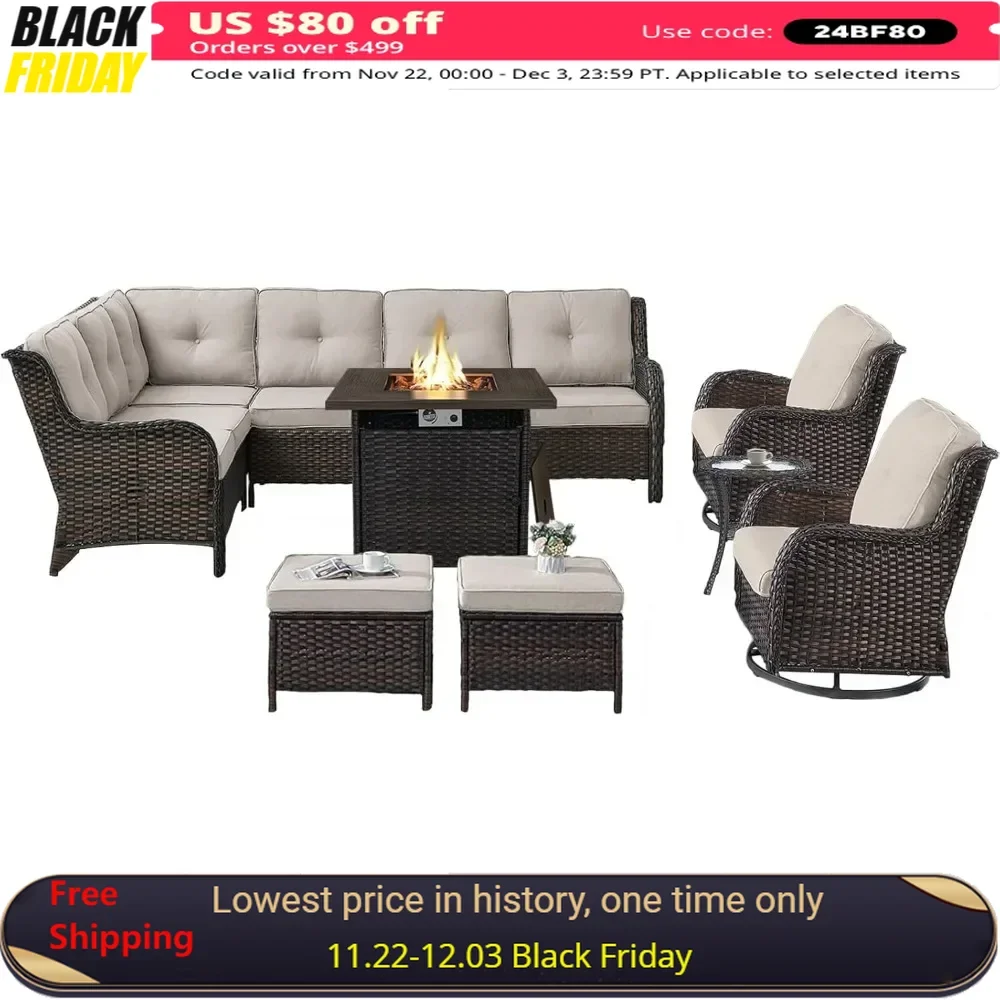 

Outdoor Sectional Furniture Sofa Set with Propane Fire Pit, Wicker Patio Conversation Set with 2 Swivel Rocker Glider Chairs