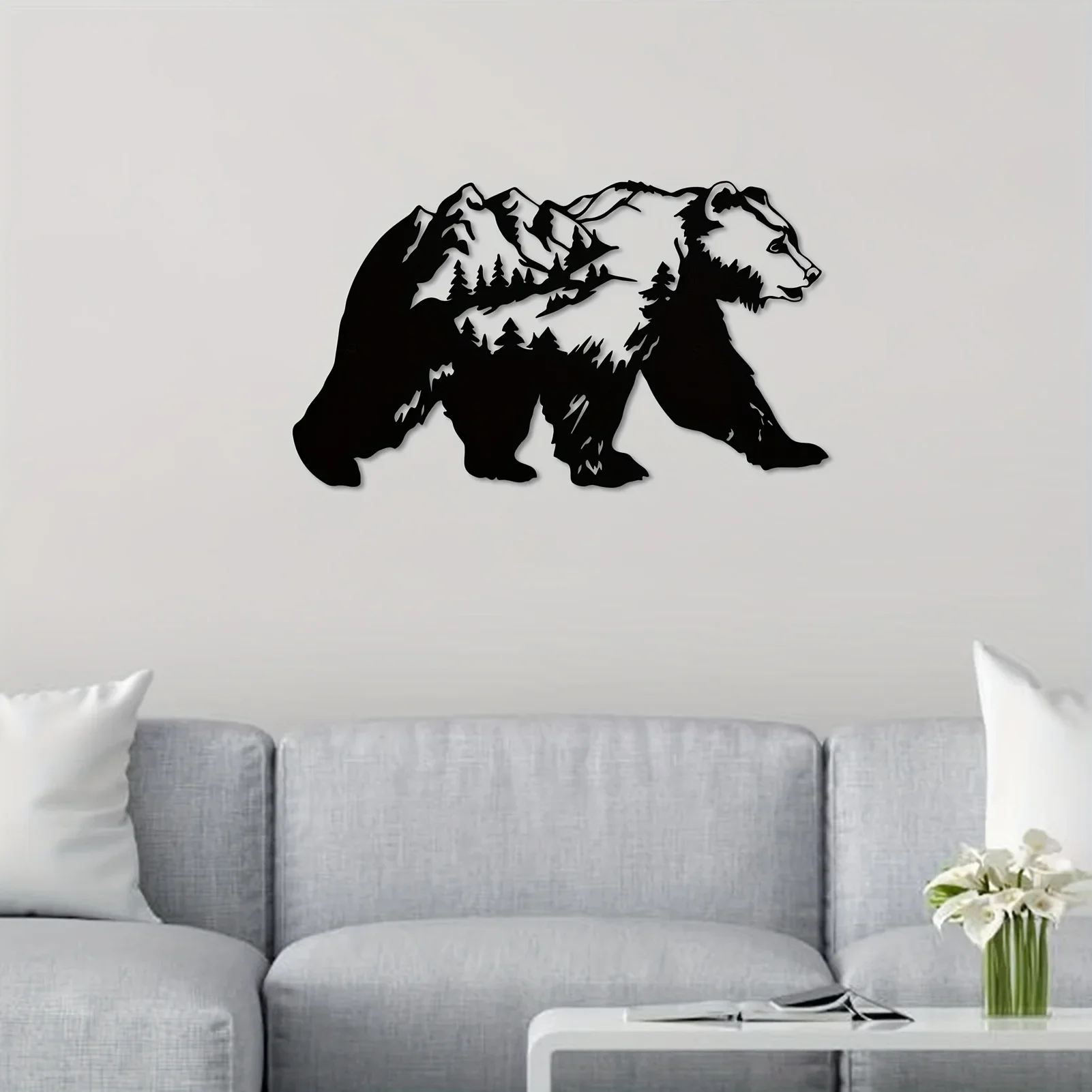 Bear And Forest Metal Iron Art Silhouette, Modern Art Wall Sticker, Suitable for Bedroom, Office, Farmhouse Fence Decorations