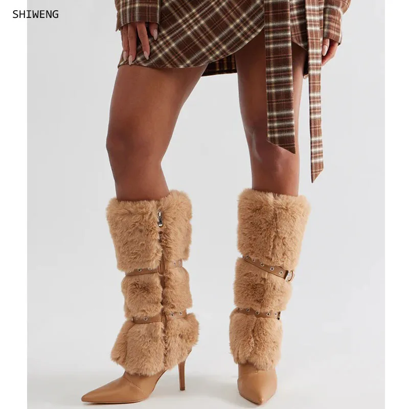 

Fashion Fluffy Fur Knee Length Boots Elegant Female Party Shoes 12/10CM Stiletto Heels Winter Women Shoes Pointy Toe Long Boots
