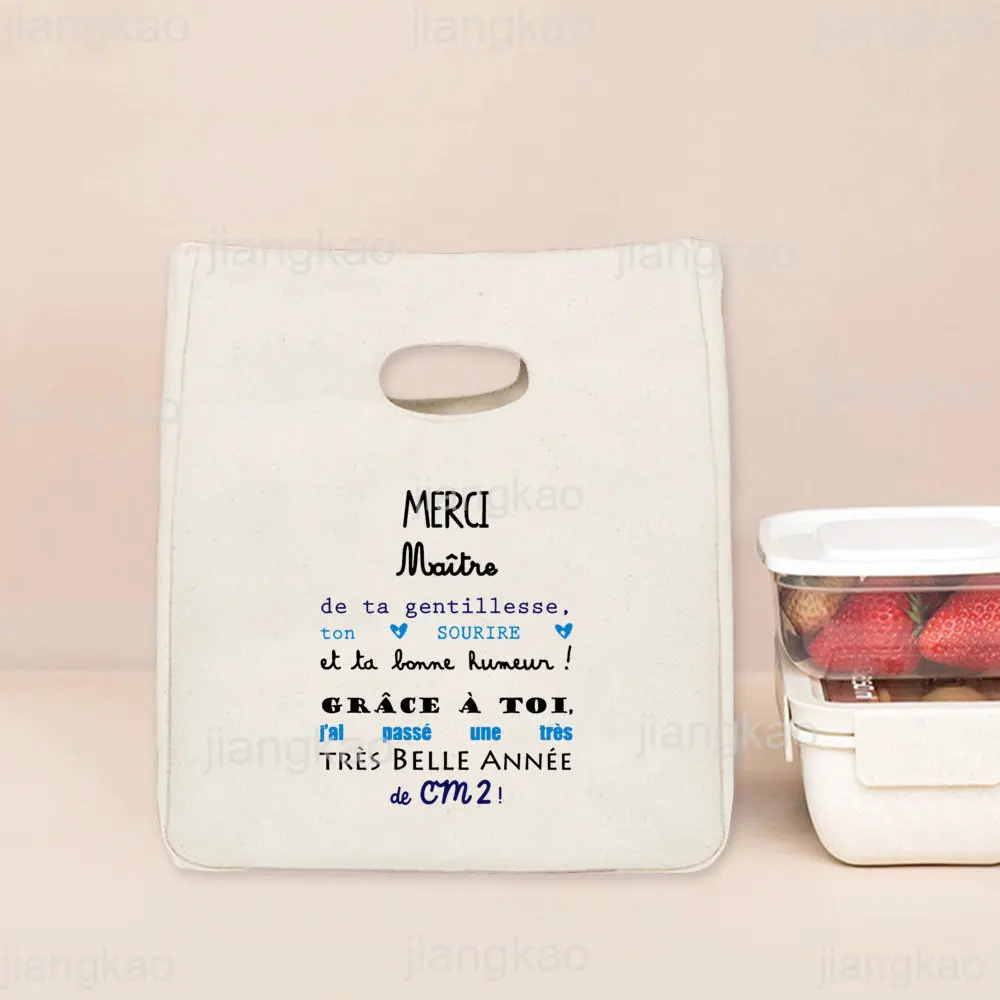 Merci Maitre & Maitresse Print Lunch Bag Thermal Insulated Bento Bags School Food Cooler Storage Bag Teacher Day Graduation Gift