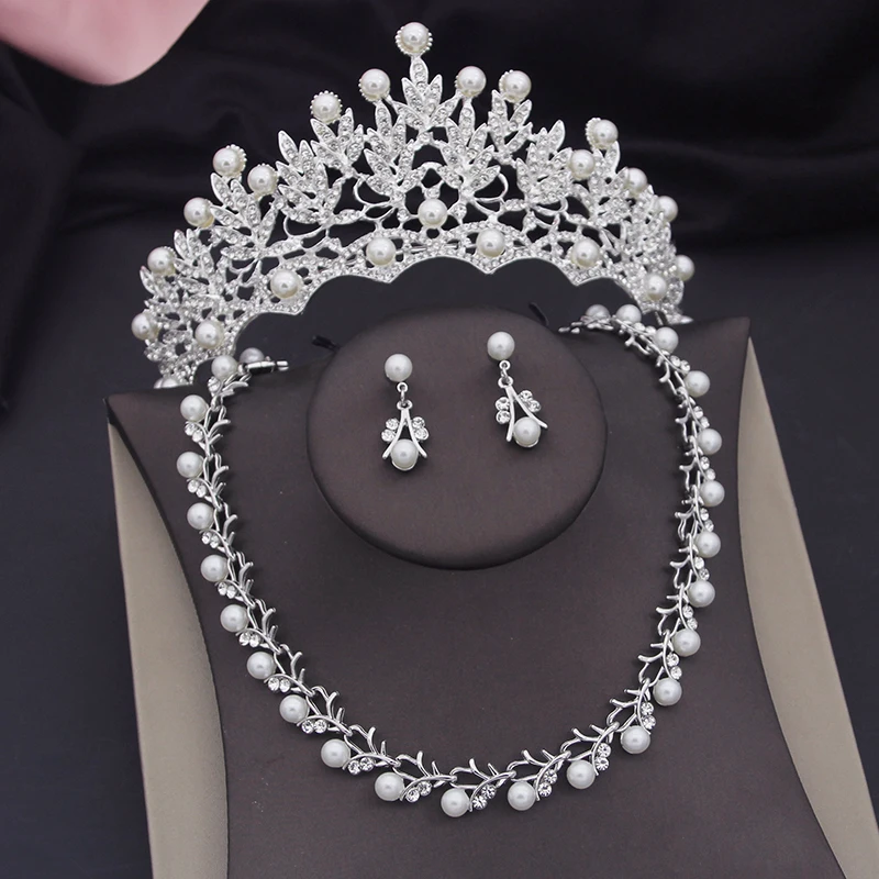 Luxury Pearls Bridal Jewelry Sets for Women Tiaras Bracelets Necklace Sets Wedding Crown Bride Jewelry Set Accessories