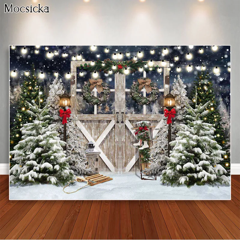 عيد الميلاد خلفية الصنوبر ليلة باب الحظيرة التصوير خلفية البلد الشتاء الثلوج التقطت الصور الاطفال صورة صور الدعائم الاستوديو
