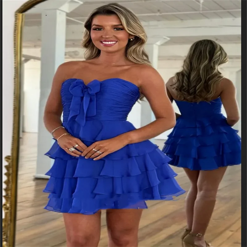 Rüschen trägerlose Abendkleider Chiffon Mini kurzes Cocktailpartykleid elegante Falte A-Linie Ballkleider 2025, individuell gestaltet