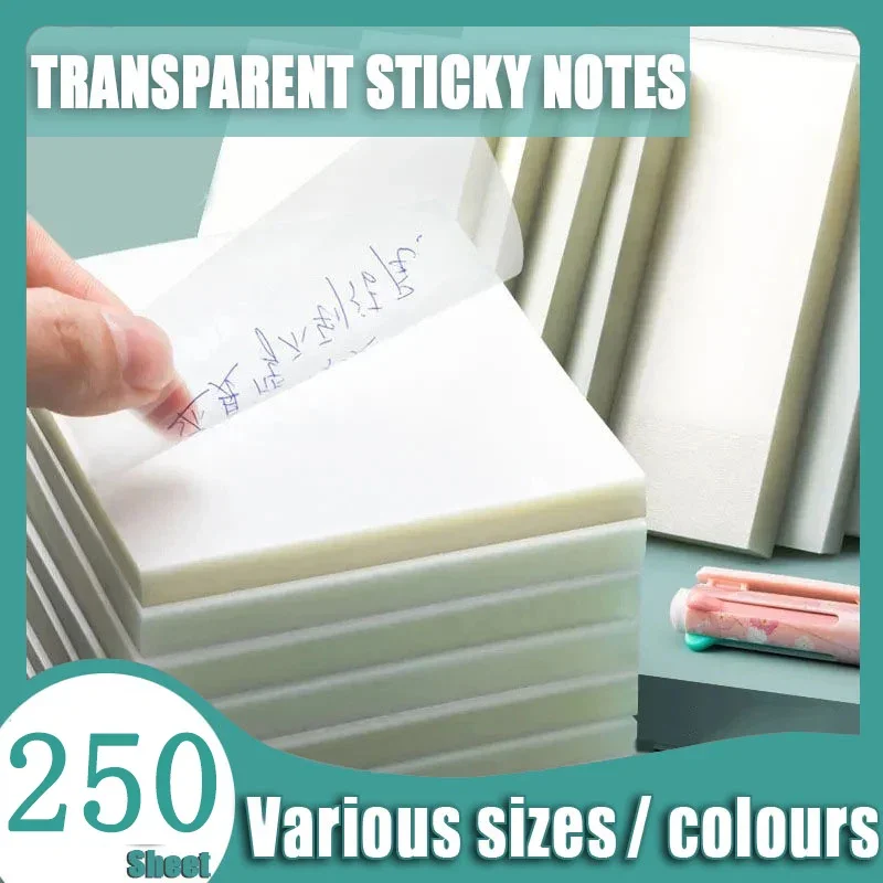 250 Sheets Transparent Sticky Notes Multiple sizes Waterproof Colourful Note Paper Memo Pad School Stationery Office Supplies