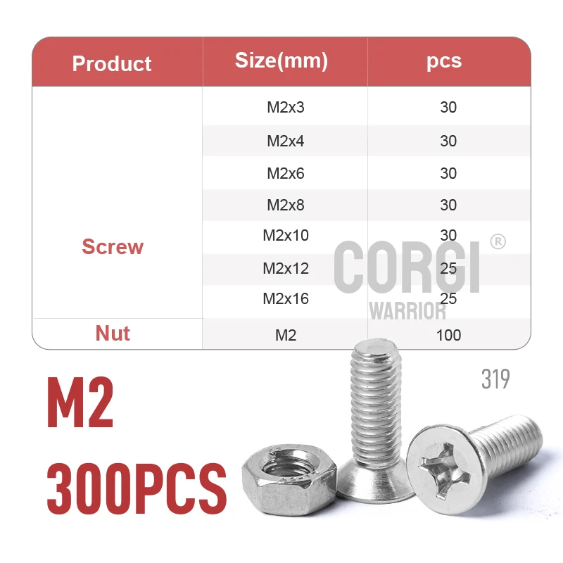 300 Pcs Flat Head Screws Assortment Case M2 M2.5 M3 Phillips Mini Micro Small KM 304 Stainless Laptop Repair Screw Hex Nut Kit