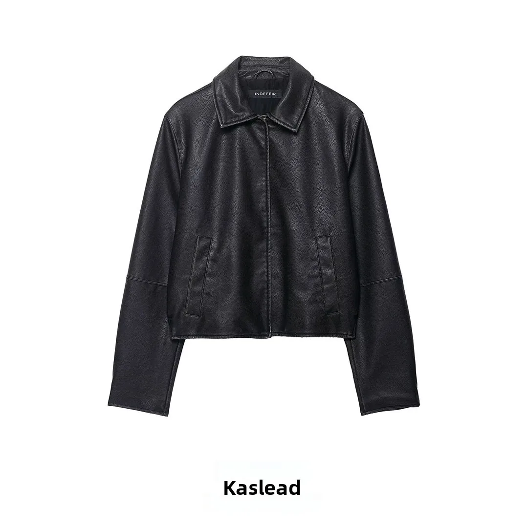 

KASLEAD New Women's Faion Simplici Matching Leather Jaet Outerwear Street Sle Long Sve Zipper Polyester Fiber