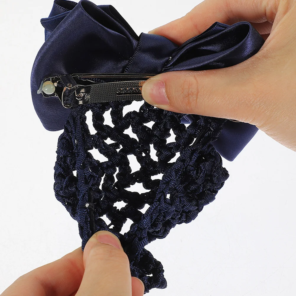 

4 pcs Blue Hair Nets Bow Clips for Women Lady Nurse Hotel Waitress Bun Cover Decorative Accessories Hairnet Barrette