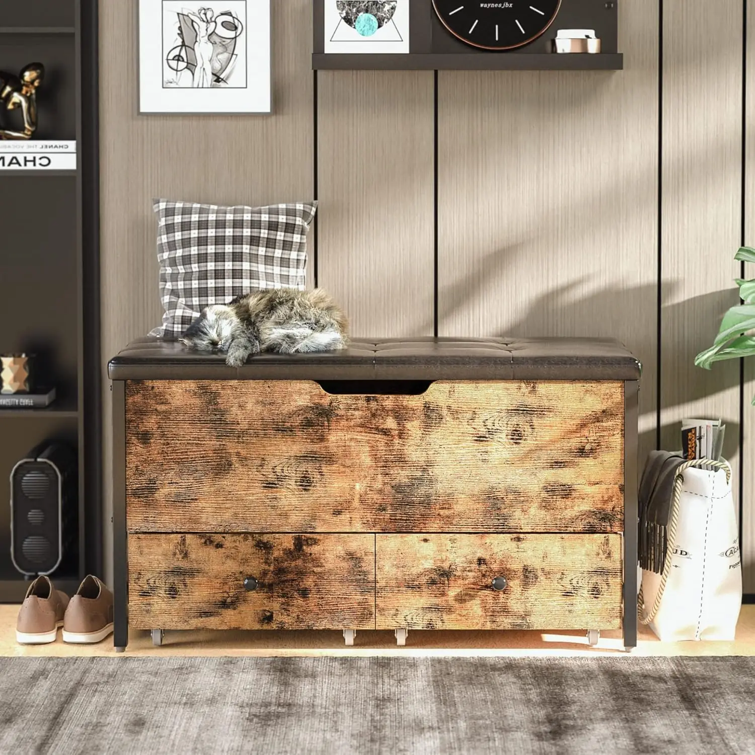 مقعد تخزين خشبي عتيق مع سطح قابل للطي وأدراج، يدعم 320 رطلاً لغرفة النوم أو غرفة المعيشة