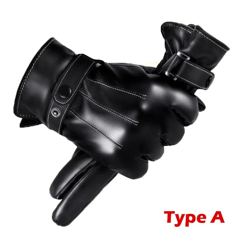 1 Pair High Quality Full Finger Black Riding Gloves  Men PU Leather Glove Winter Warm Touch Screen Gloves image 4