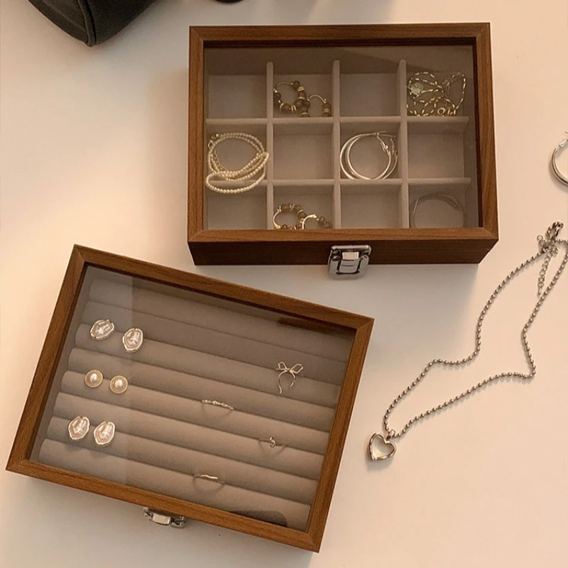 Black Walnut Wood Grain Portable Luxury Jewelry Box Exquisite Accessory Organizer For Ring Necklace Earring Ear Stud Storage