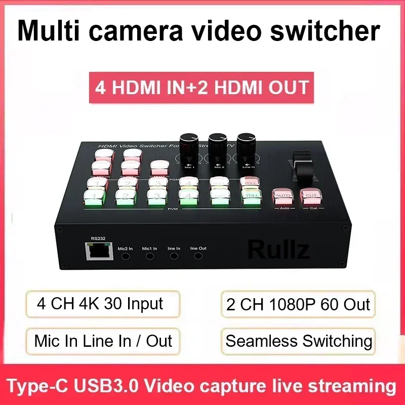 1080p60 Live Streaming Switcher 4K 4 Port HDMI Multiple Camera Live Broadcast Station Audio Mixer Video Switcher PGM PVW PIP MIC