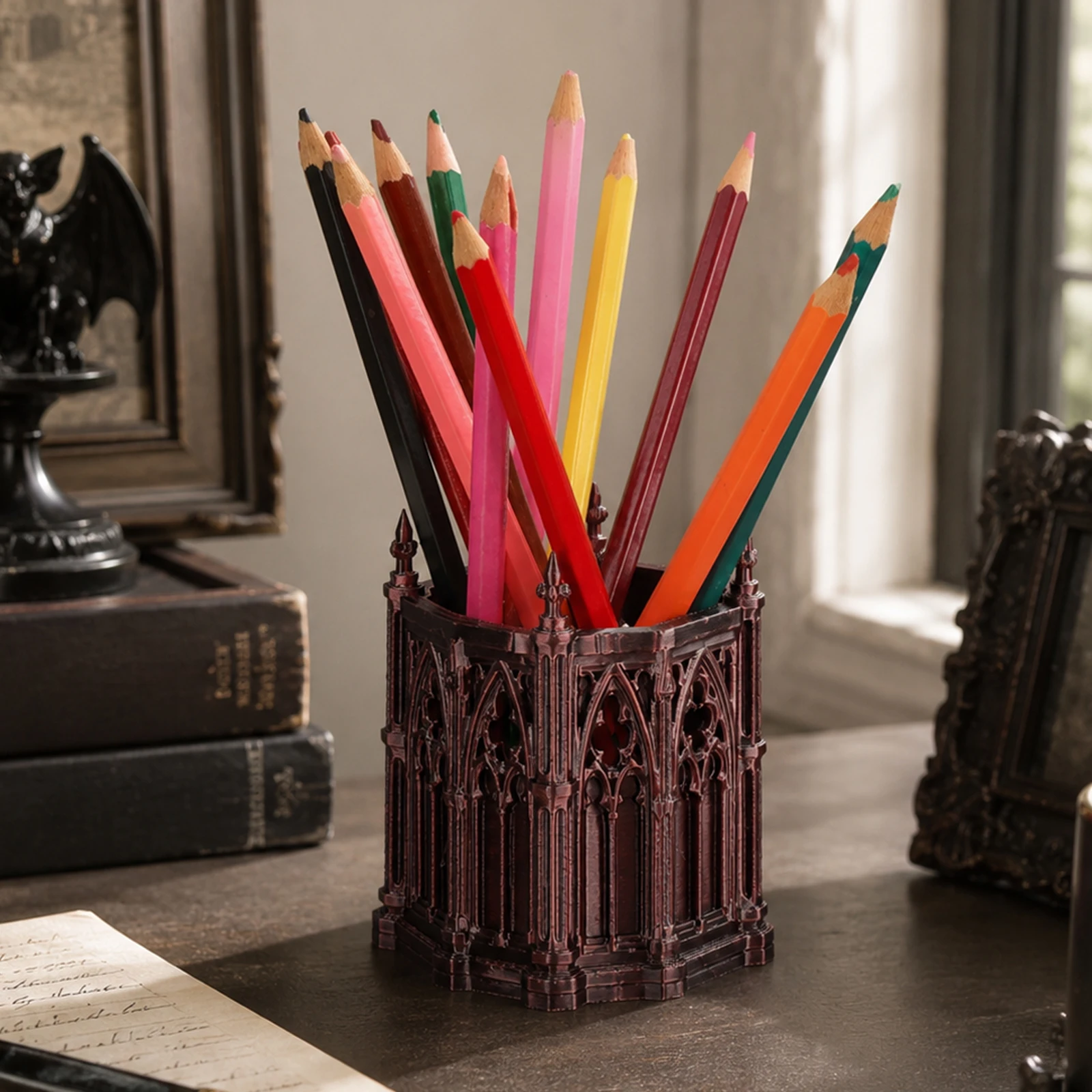 Cross-border Gothic Church Hollow Carved Pen Holder, Retro Dark Castle Style Desktop Stationery Storage Creative Office Decor Or