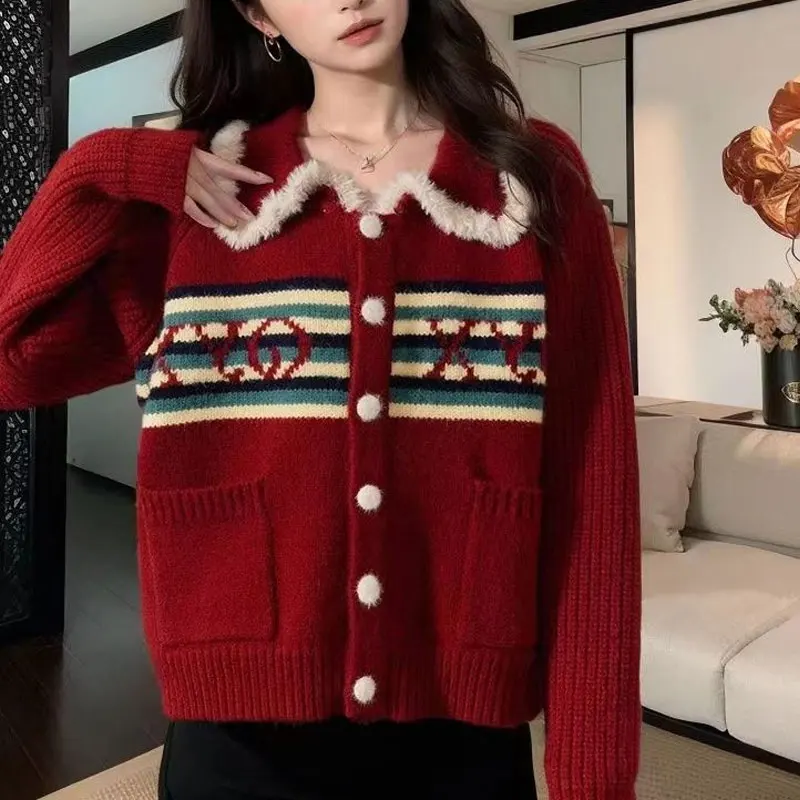 Vintage Striped Knitted Cardigan Autumn Winter Christmas Stylish Pockets Spliced Women\'s Clothing Loose Single-breasted Sweaters