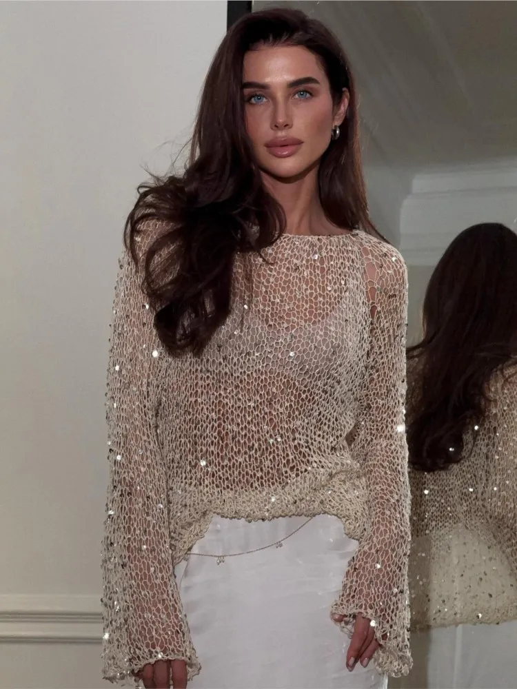 

Женский сексуальный прозрачный пуловер с вырезами, модный свободный топ с пайетками и длинными рукавами, летний пляжный блестящий вязаный свитер для вечеринок
